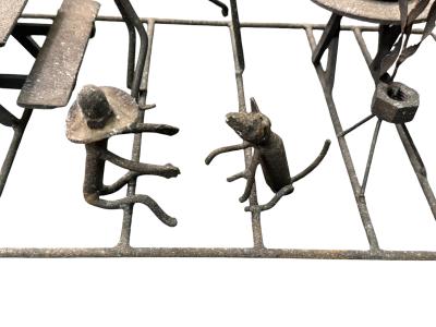 Frederick Weinberg MID CENTURY CABIN METAL DIORAMA OF A MAN WOMAN CHILD CAT ILLUMINATED LANTERN