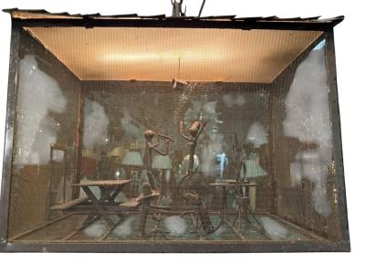 Frederick Weinberg MID CENTURY CABIN METAL DIORAMA OF A MAN WOMAN CHILD CAT ILLUMINATED LANTERN