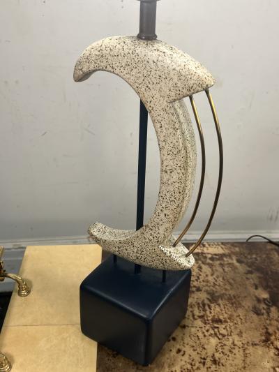 Frederick Weinberg MID CENTURY PLASTER BRASS ABSTRACT SCULPTURAL LAMPS WITH ORIGINAL RED SHADES