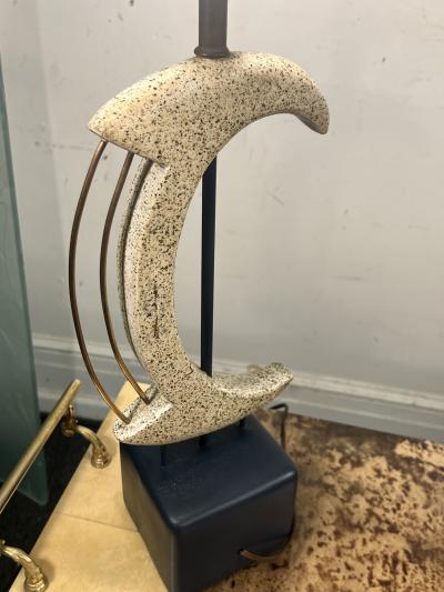 Frederick Weinberg MID CENTURY PLASTER BRASS ABSTRACT SCULPTURAL LAMPS WITH ORIGINAL RED SHADES