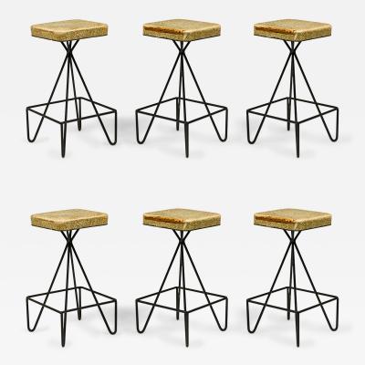 Frederick Weinberg Set of 6 Frederick Weinberg Wrought Iron Hairpin Leg Swivel Seat Bar Stools