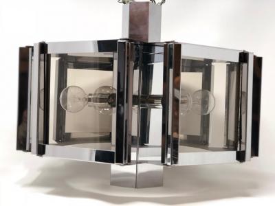 Fredrick Ramond Fredrick Ramond Hexagonal Chrome and Smoked Glass Chandelier USA circa 1970s