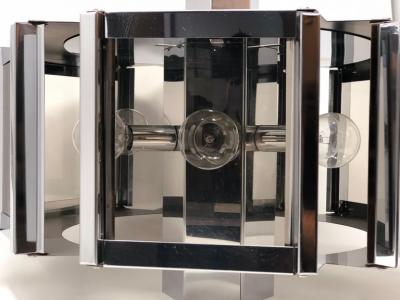 Fredrick Ramond Fredrick Ramond Hexagonal Chrome and Smoked Glass Chandelier USA circa 1970s