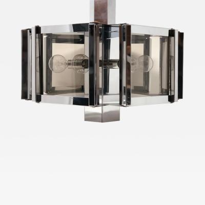 Fredrick Ramond Fredrick Ramond Hexagonal Chrome and Smoked Glass Chandelier USA circa 1970s