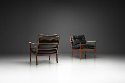 Fredrik Kayser Pair of Leather and Wood Armchairs by Fredrik Kayser Attr Norway ca 1960s