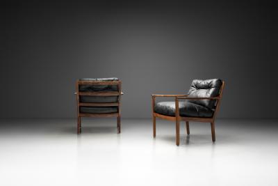 Fredrik Kayser Pair of Leather and Wood Armchairs by Fredrik Kayser Attr Norway ca 1960s
