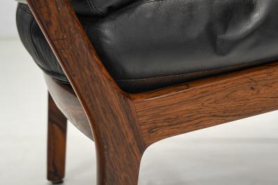 Fredrik Kayser Pair of Leather and Wood Armchairs by Fredrik Kayser Attr Norway ca 1960s