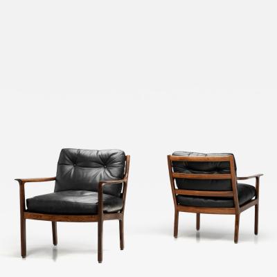 Fredrik Kayser Pair of Leather and Wood Armchairs by Fredrik Kayser Attr Norway ca 1960s