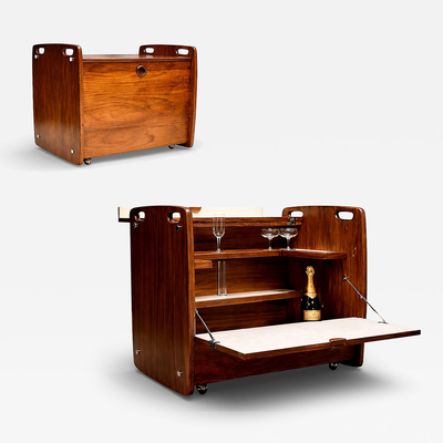 Freij Wood Bar Cart with Chrome Wheels by Sergio Rodrigues Brazil 1960s