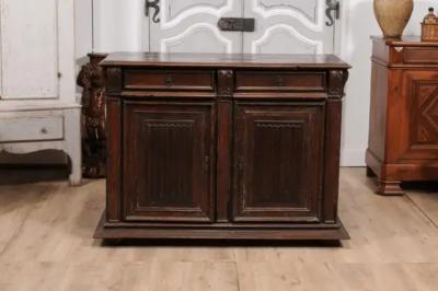 French 16th Century Henri II Period Walnut Buffet with Folded Cloth Ornaments