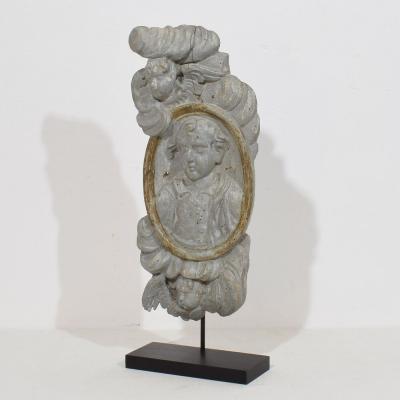 French 17 18th Century Carved Wooden Baroque Panel Depicting A Saint And Angels