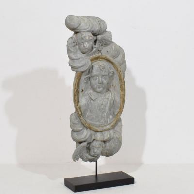 French 17 18th Century Carved Wooden Baroque Panel Depicting A Saint And Angels