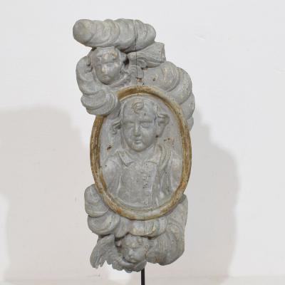 French 17 18th Century Carved Wooden Baroque Panel Depicting A Saint And Angels