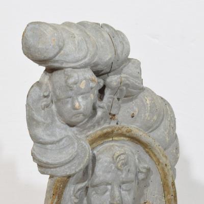 French 17 18th Century Carved Wooden Baroque Panel Depicting A Saint And Angels