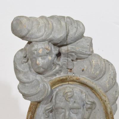 French 17 18th Century Carved Wooden Baroque Panel Depicting A Saint And Angels