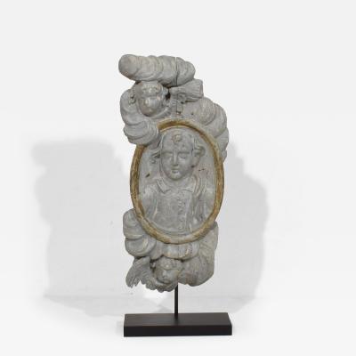 French 17 18th Century Carved Wooden Baroque Panel Depicting A Saint And Angels