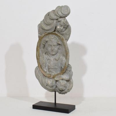 French 17 18th Century Carved Wooden Baroque Panel Depicting A Saint And Angels