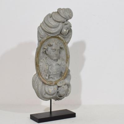 French 17 18th Century Carved Wooden Baroque Panel Depicting A Saint And Angels