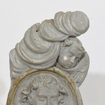 French 17 18th Century Carved Wooden Baroque Panel Depicting A Saint And Angels