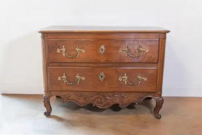 French 1740s Louis XV Two Drawer Commode with Carved Apron and Cabriole Legs