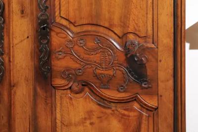 French 1750s Louis XV Walnut Floral Buffet Deux Corps from the Loire Valley