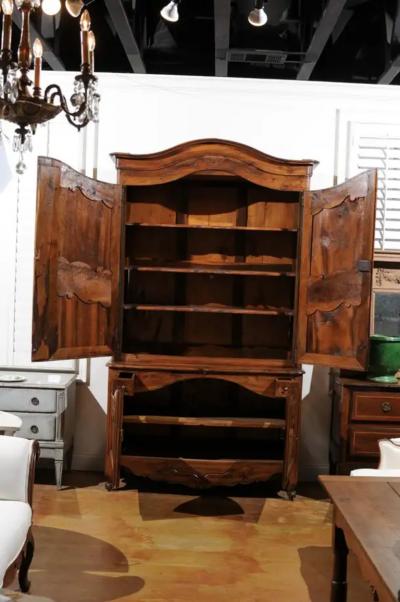 French 1750s Louis XV Walnut Floral Buffet Deux Corps from the Loire Valley