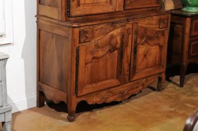 French 1750s Louis XV Walnut Floral Buffet Deux Corps from the Loire Valley