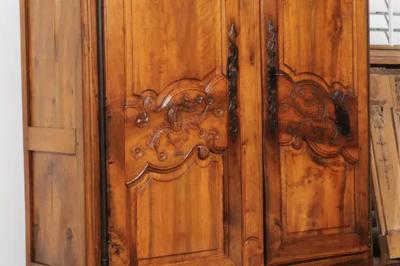 French 1750s Louis XV Walnut Floral Buffet Deux Corps from the Loire Valley