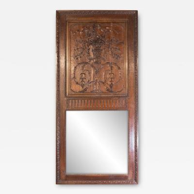 French 1750s Oak Trumeau Mirror with Large Carved Rinceaux and Floral Bouquet