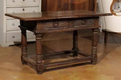 French 1750s Walnut Library Table with Carved Drawers and Original Hardware