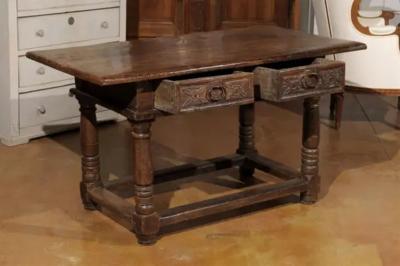 French 1750s Walnut Library Table with Carved Drawers and Original Hardware