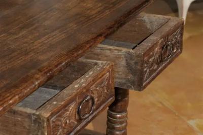 French 1750s Walnut Library Table with Carved Drawers and Original Hardware