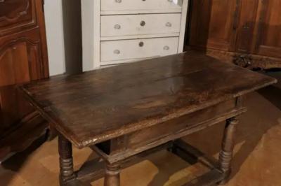 French 1750s Walnut Library Table with Carved Drawers and Original Hardware