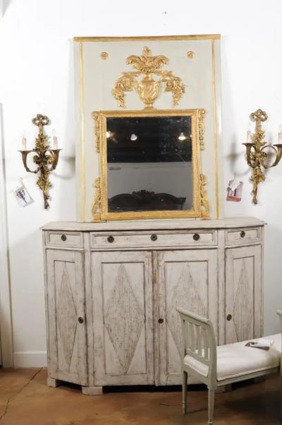 French 1775 Transition Period Painted and Gilt Trumeau Mirror with Carved Urn