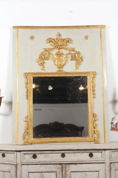 French 1775 Transition Period Painted and Gilt Trumeau Mirror with Carved Urn