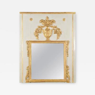 French 1775 Transition Period Painted and Gilt Trumeau Mirror with Carved Urn