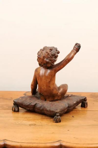 French 1780s Baroque Style Walnut Sculpture of a Putto Sitting on a Pillow