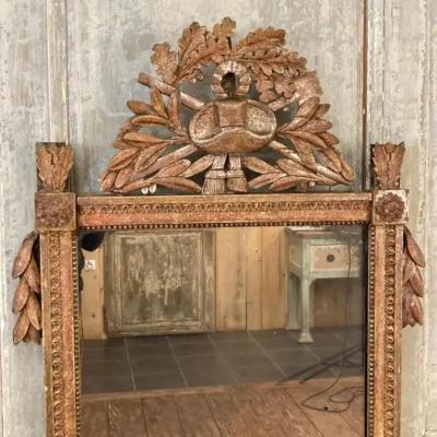 French 1790s Louis XVI Giltwood Wall Mirror with Carved Gardening Crest