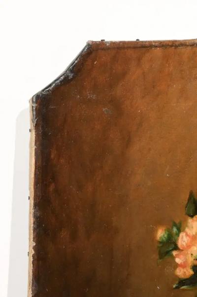 French 1790s Oil on Canvas Painting with Floral Bouquet Fruits and Embroidery