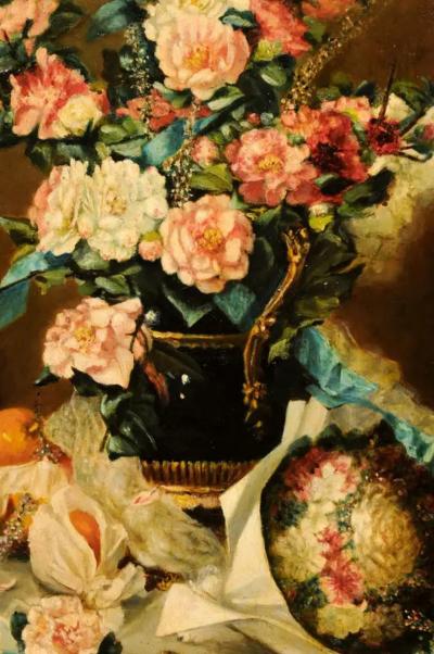 French 1790s Oil on Canvas Painting with Floral Bouquet Fruits and Embroidery