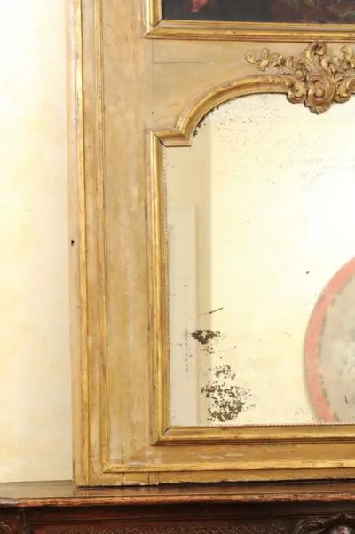 French 1790s Painted Trumeau Mirror with Original Oil on Canvas Floral Painting