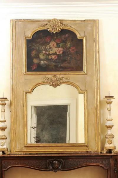 French 1790s Painted Trumeau Mirror with Original Oil on Canvas Floral Painting