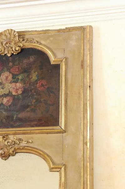 French 1790s Painted Trumeau Mirror with Original Oil on Canvas Floral Painting