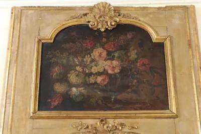 French 1790s Painted Trumeau Mirror with Original Oil on Canvas Floral Painting