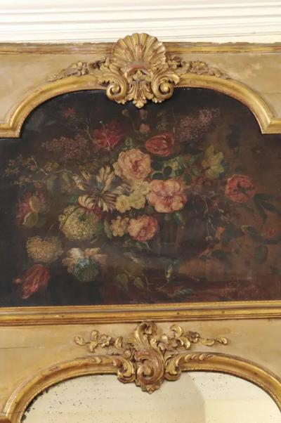 French 1790s Painted Trumeau Mirror with Original Oil on Canvas Floral Painting