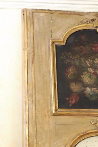 French 1790s Painted Trumeau Mirror with Original Oil on Canvas Floral Painting