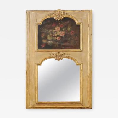 French 1790s Painted Trumeau Mirror with Original Oil on Canvas Floral Painting