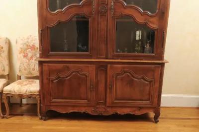 French 1790s Walnut Buffet Deux Corps with Glass Doors and Carved Motifs