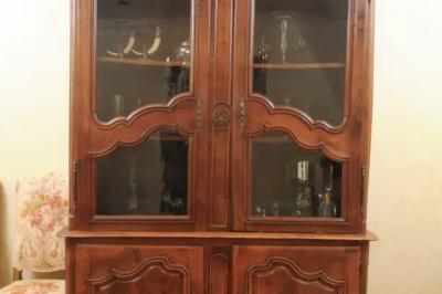 French 1790s Walnut Buffet Deux Corps with Glass Doors and Carved Motifs