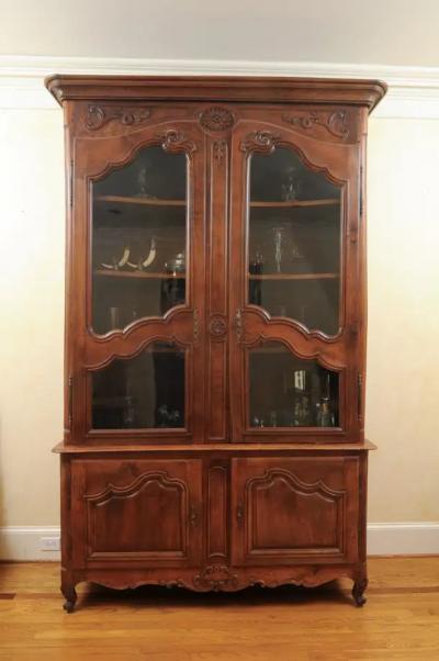 French 1790s Walnut Buffet Deux Corps with Glass Doors and Carved Motifs